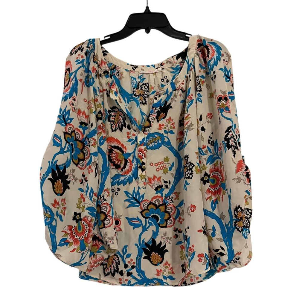 Alice & Trixie 100% Silk Floral Peasant Blouse Boho Top Small Blue Cream